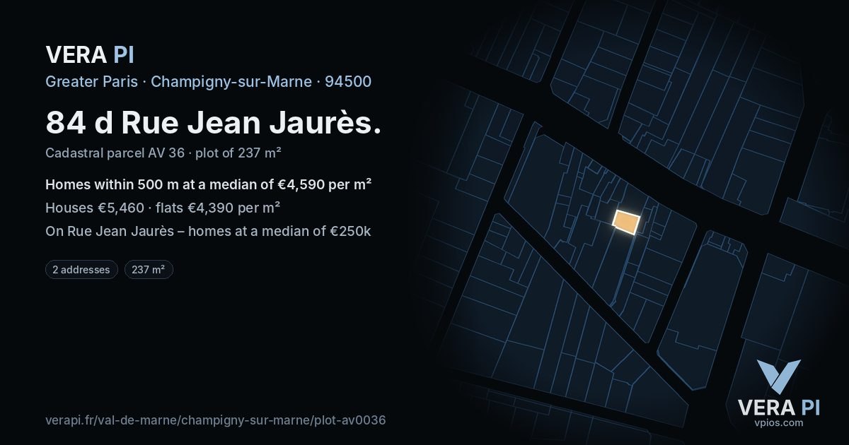 84 d Rue Jean Jaurès, Champigny-sur-Marne at night – the plot lit, the parcels around coloured by the prices near them