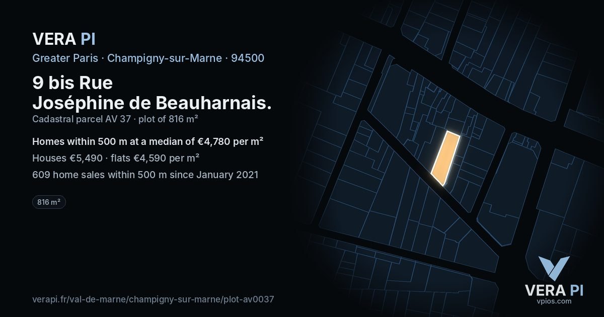 9 bis Rue Joséphine de Beauharnais, Champigny-sur-Marne at night – the plot lit, the parcels around coloured by the prices near them
