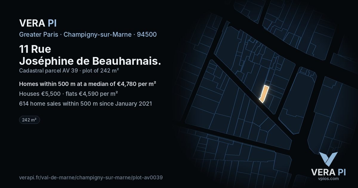 11 Rue Joséphine de Beauharnais, Champigny-sur-Marne at night – the plot lit, the parcels around coloured by the prices near them