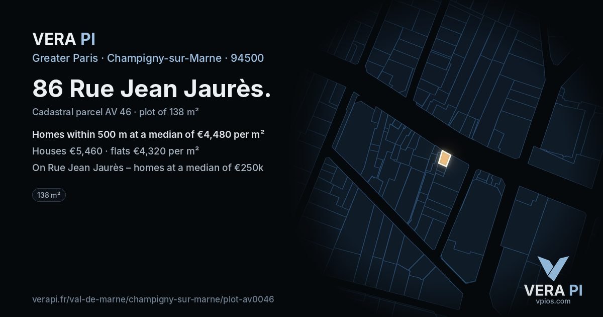 86 Rue Jean Jaurès, Champigny-sur-Marne at night – the plot lit, the parcels around coloured by the prices near them