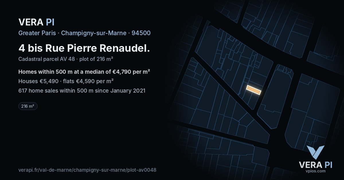 4 bis Rue Pierre Renaudel, Champigny-sur-Marne at night – the plot lit, the parcels around coloured by the prices near them