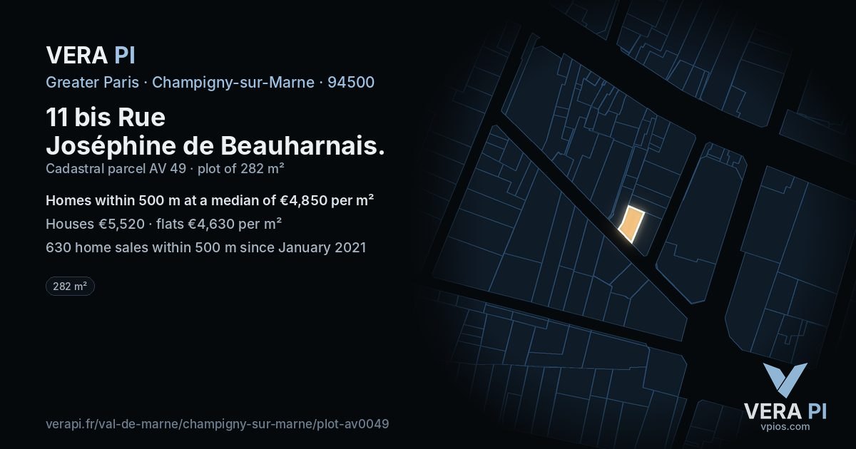 11 bis Rue Joséphine de Beauharnais, Champigny-sur-Marne at night – the plot lit, the parcels around coloured by the prices near them