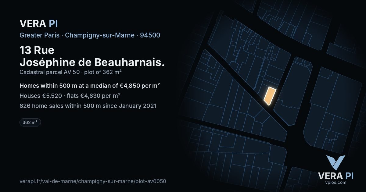 13 Rue Joséphine de Beauharnais, Champigny-sur-Marne at night – the plot lit, the parcels around coloured by the prices near them