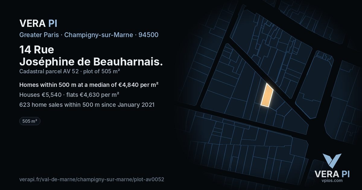 14 Rue Joséphine de Beauharnais, Champigny-sur-Marne at night – the plot lit, the parcels around coloured by the prices near them