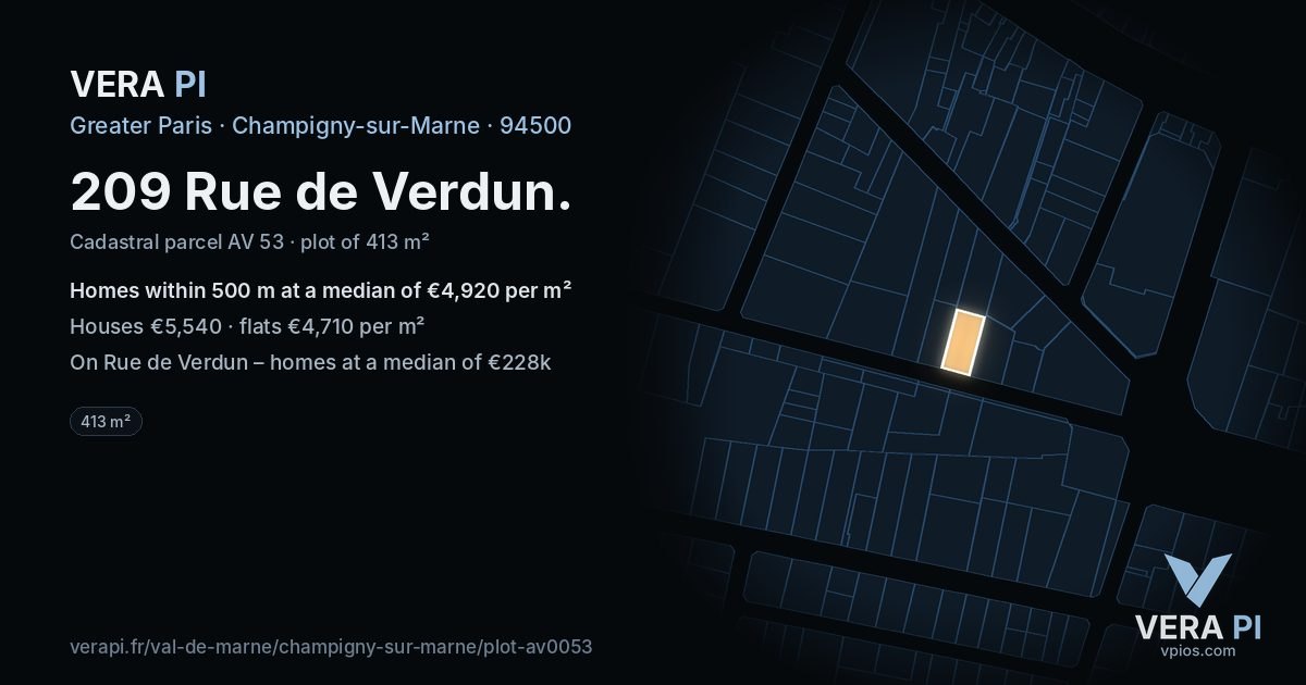 209 Rue de Verdun, Champigny-sur-Marne at night – the plot lit, the parcels around coloured by the prices near them