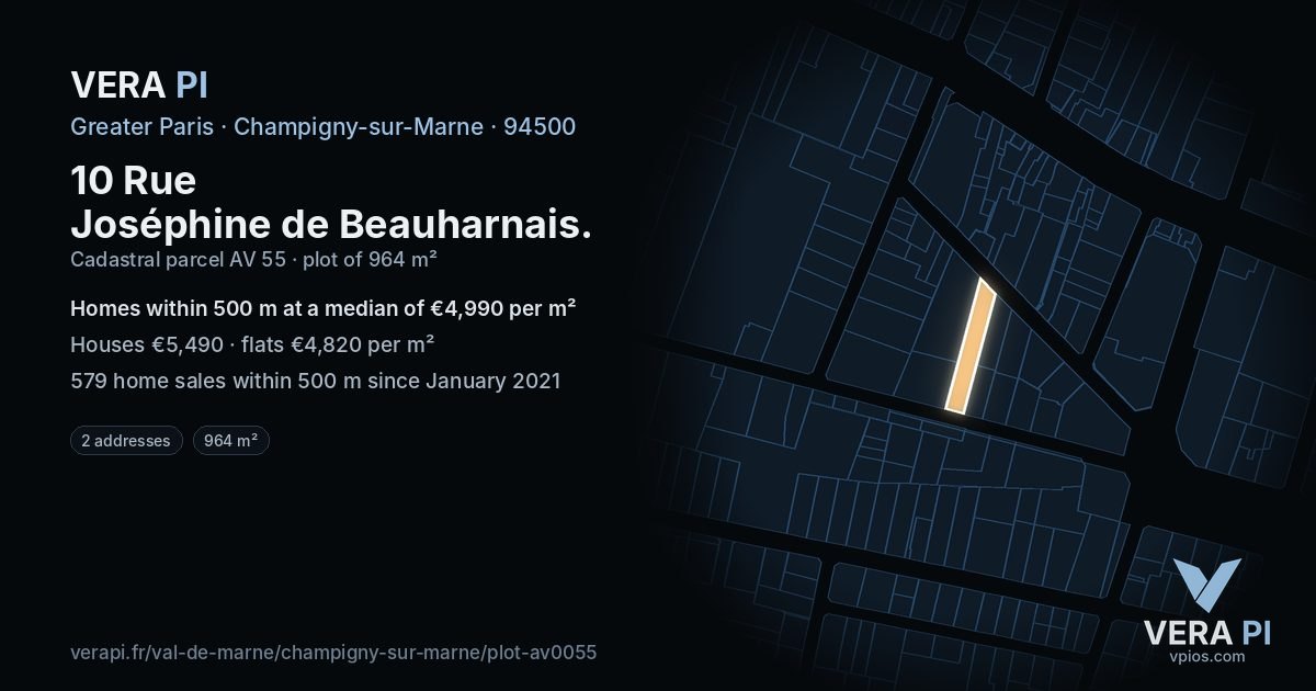 10 Rue Joséphine de Beauharnais, Champigny-sur-Marne at night – the plot lit, the parcels around coloured by the prices near them