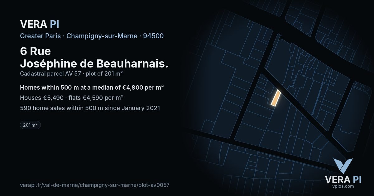 6 Rue Joséphine de Beauharnais, Champigny-sur-Marne at night – the plot lit, the parcels around coloured by the prices near them