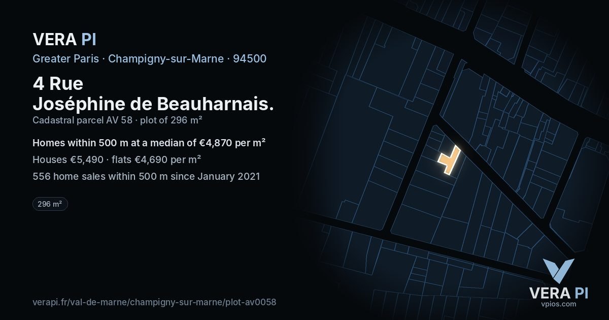 4 Rue Joséphine de Beauharnais, Champigny-sur-Marne at night – the plot lit, the parcels around coloured by the prices near them