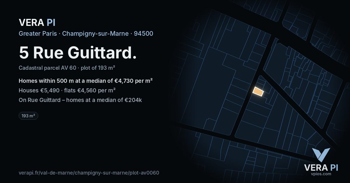 5 Rue Guittard, Champigny-sur-Marne at night – the plot lit, the parcels around coloured by the prices near them
