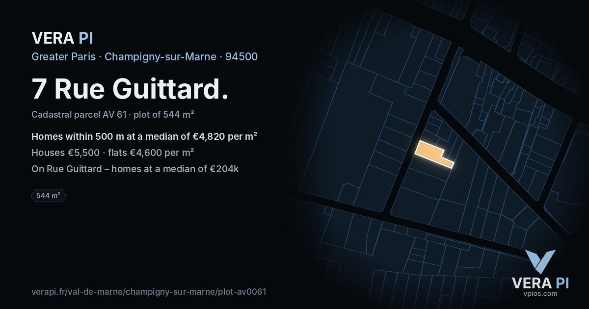 7 Rue Guittard, Champigny-sur-Marne at night – the plot lit, the parcels around coloured by the prices near them