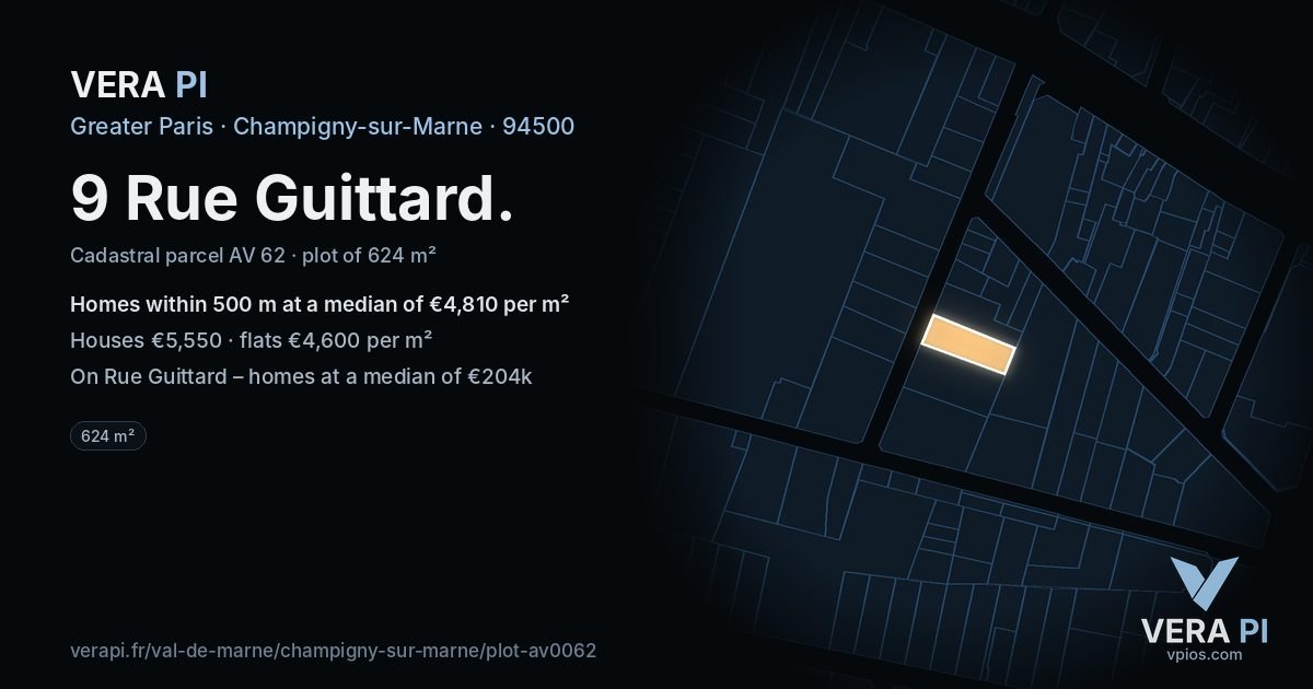 9 Rue Guittard, Champigny-sur-Marne at night – the plot lit, the parcels around coloured by the prices near them