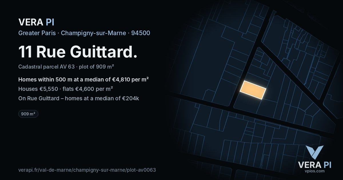 11 Rue Guittard, Champigny-sur-Marne at night – the plot lit, the parcels around coloured by the prices near them