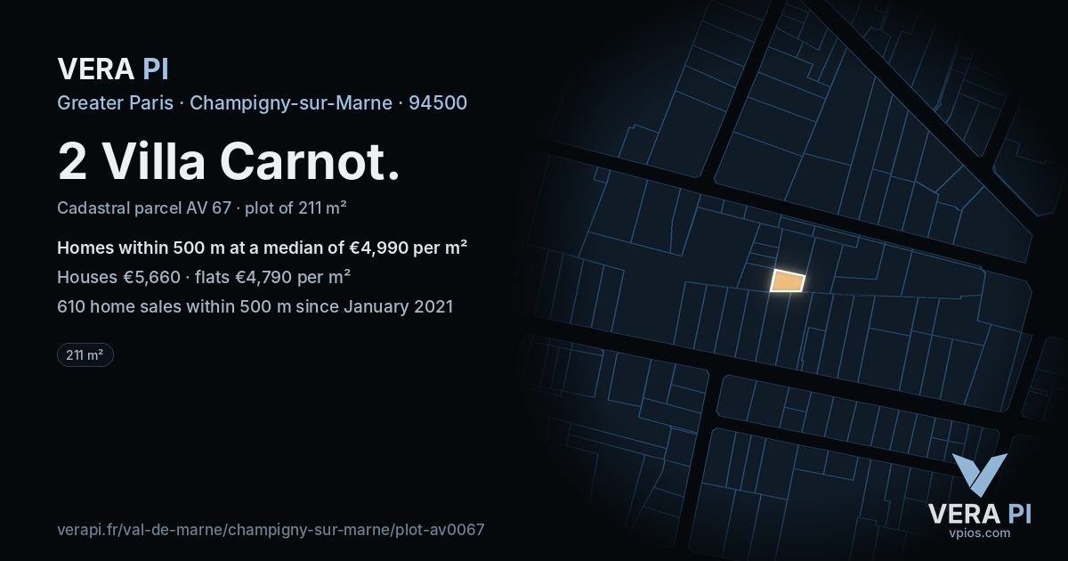 2 Villa Carnot, Champigny-sur-Marne at night – the plot lit, the parcels around coloured by the prices near them