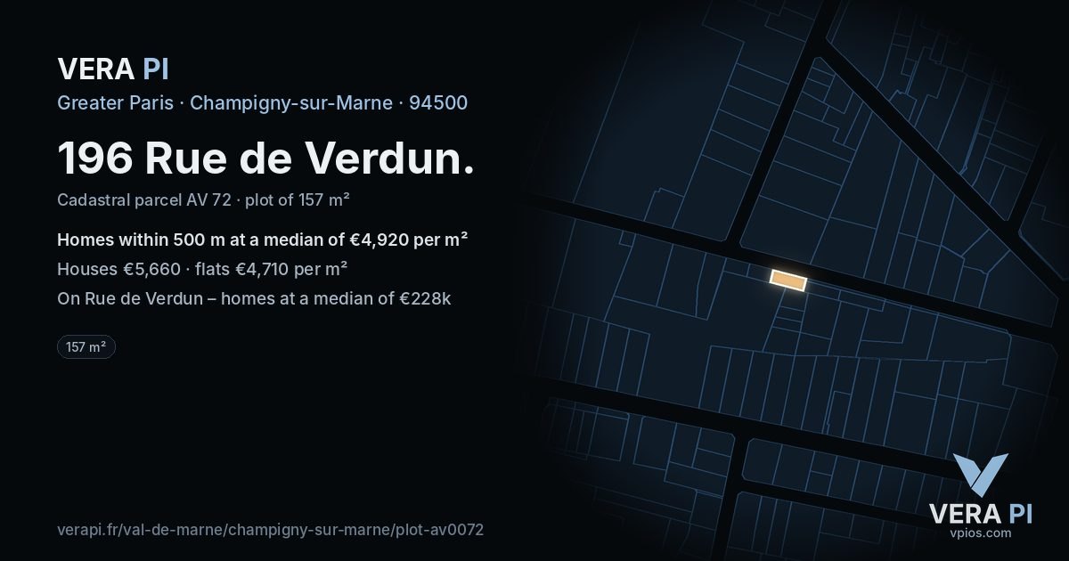 196 Rue de Verdun, Champigny-sur-Marne at night – the plot lit, the parcels around coloured by the prices near them