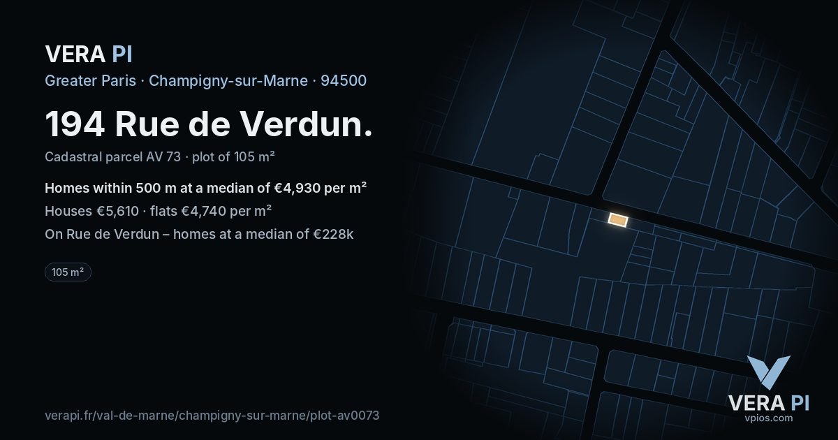 194 Rue de Verdun, Champigny-sur-Marne at night – the plot lit, the parcels around coloured by the prices near them