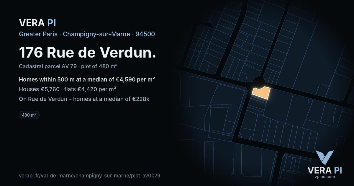 176 Rue de Verdun, Champigny-sur-Marne at night – the plot lit, the parcels around coloured by the prices near them