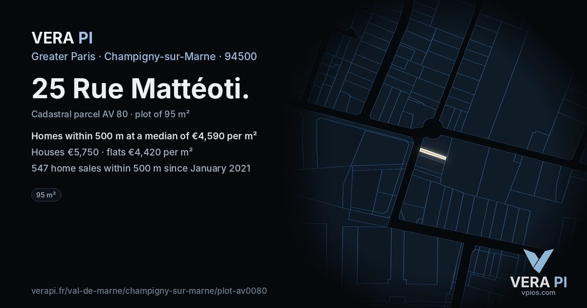 25 Rue Mattéoti, Champigny-sur-Marne at night – the plot lit, the parcels around coloured by the prices near them