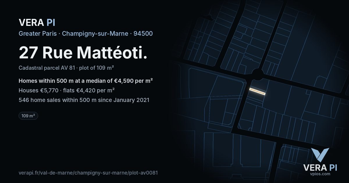 27 Rue Mattéoti, Champigny-sur-Marne at night – the plot lit, the parcels around coloured by the prices near them