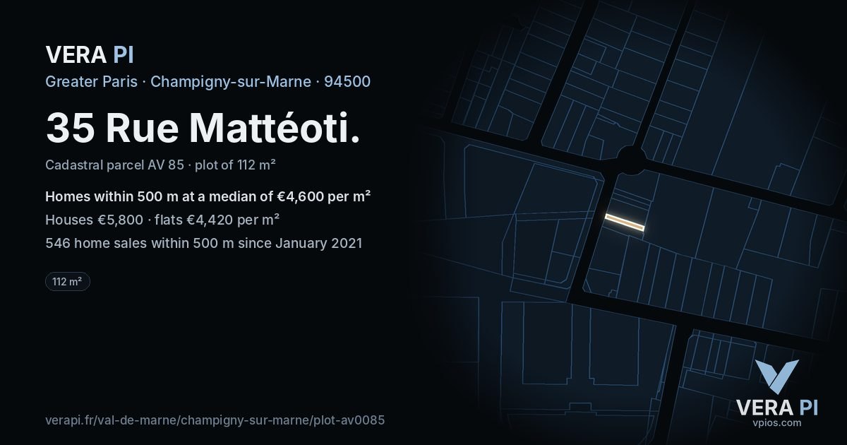 35 Rue Mattéoti, Champigny-sur-Marne at night – the plot lit, the parcels around coloured by the prices near them
