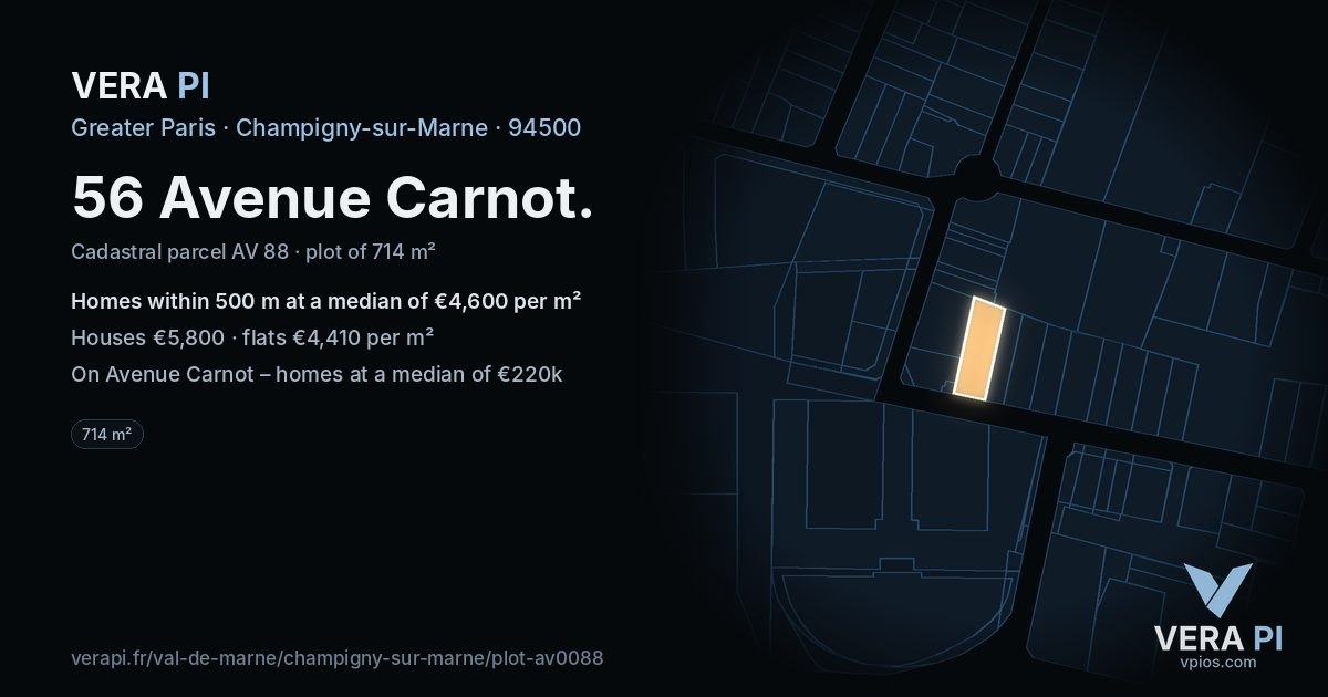 56 Avenue Carnot, Champigny-sur-Marne at night – the plot lit, the parcels around coloured by the prices near them