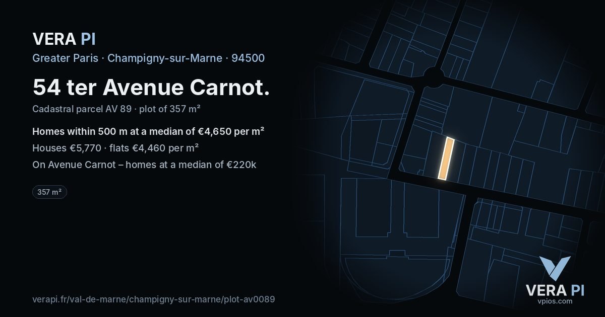 54 ter Avenue Carnot, Champigny-sur-Marne at night – the plot lit, the parcels around coloured by the prices near them