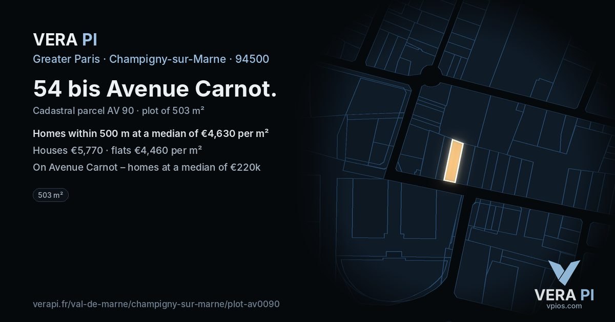 54 bis Avenue Carnot, Champigny-sur-Marne at night – the plot lit, the parcels around coloured by the prices near them