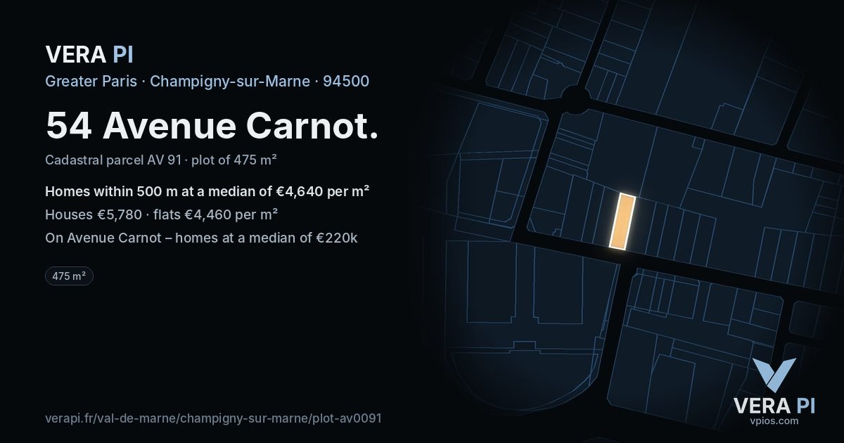 54 Avenue Carnot, Champigny-sur-Marne at night – the plot lit, the parcels around coloured by the prices near them