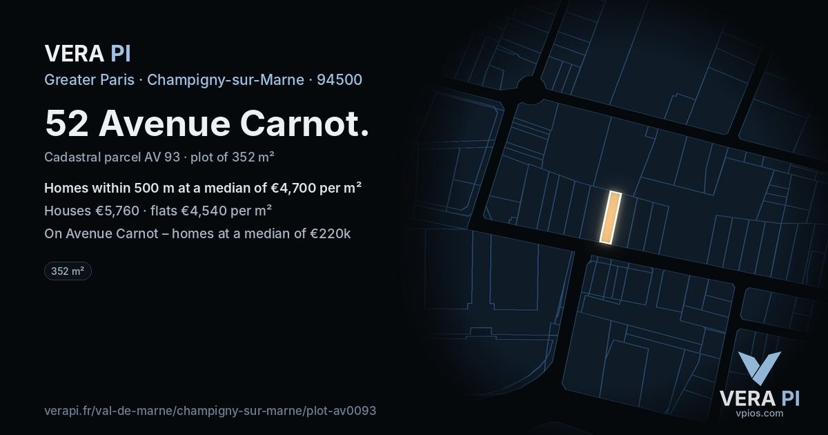 52 Avenue Carnot, Champigny-sur-Marne at night – the plot lit, the parcels around coloured by the prices near them