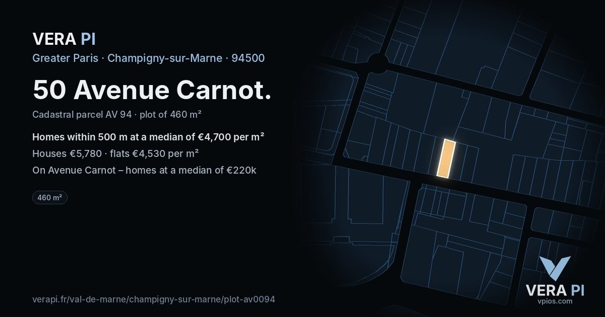 50 Avenue Carnot, Champigny-sur-Marne at night – the plot lit, the parcels around coloured by the prices near them