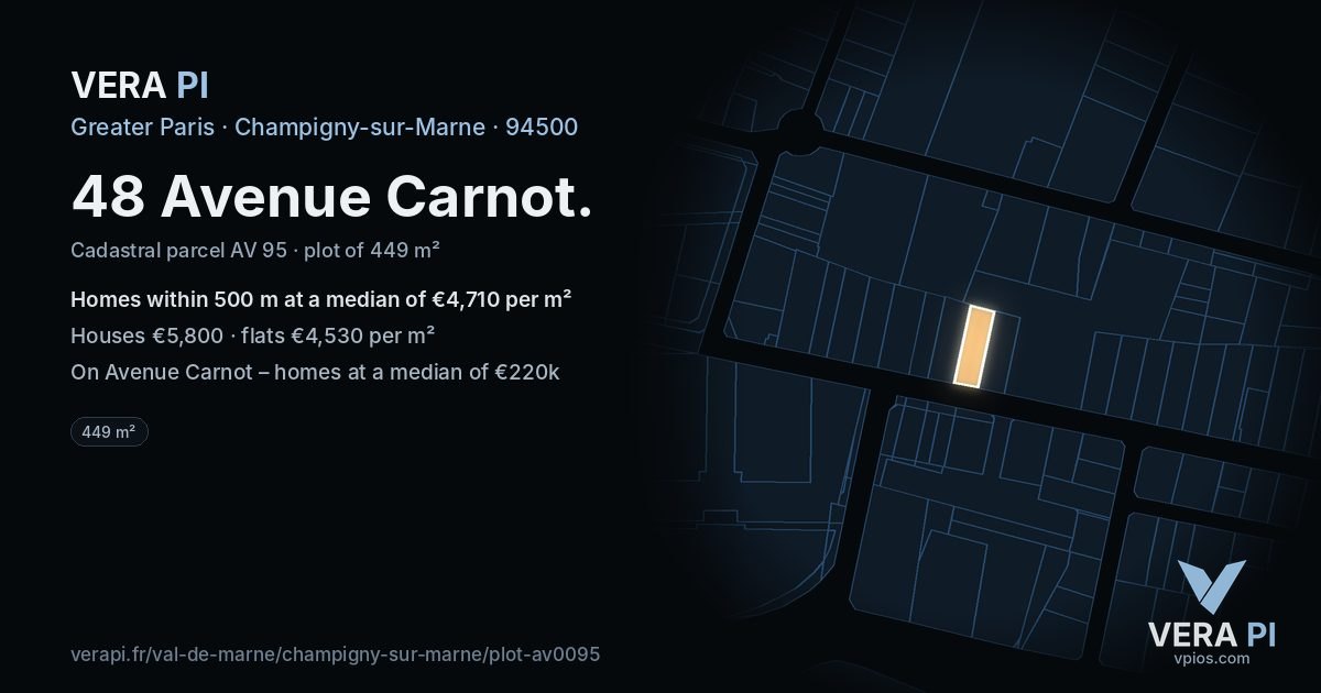 48 Avenue Carnot, Champigny-sur-Marne at night – the plot lit, the parcels around coloured by the prices near them