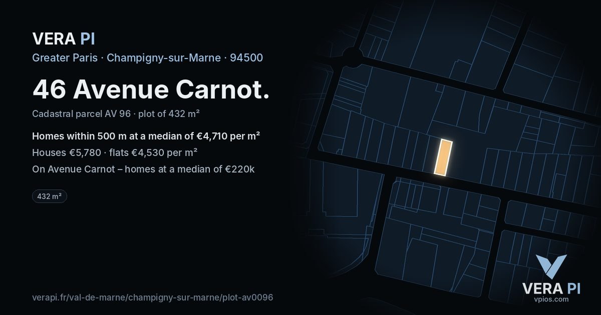 46 Avenue Carnot, Champigny-sur-Marne at night – the plot lit, the parcels around coloured by the prices near them