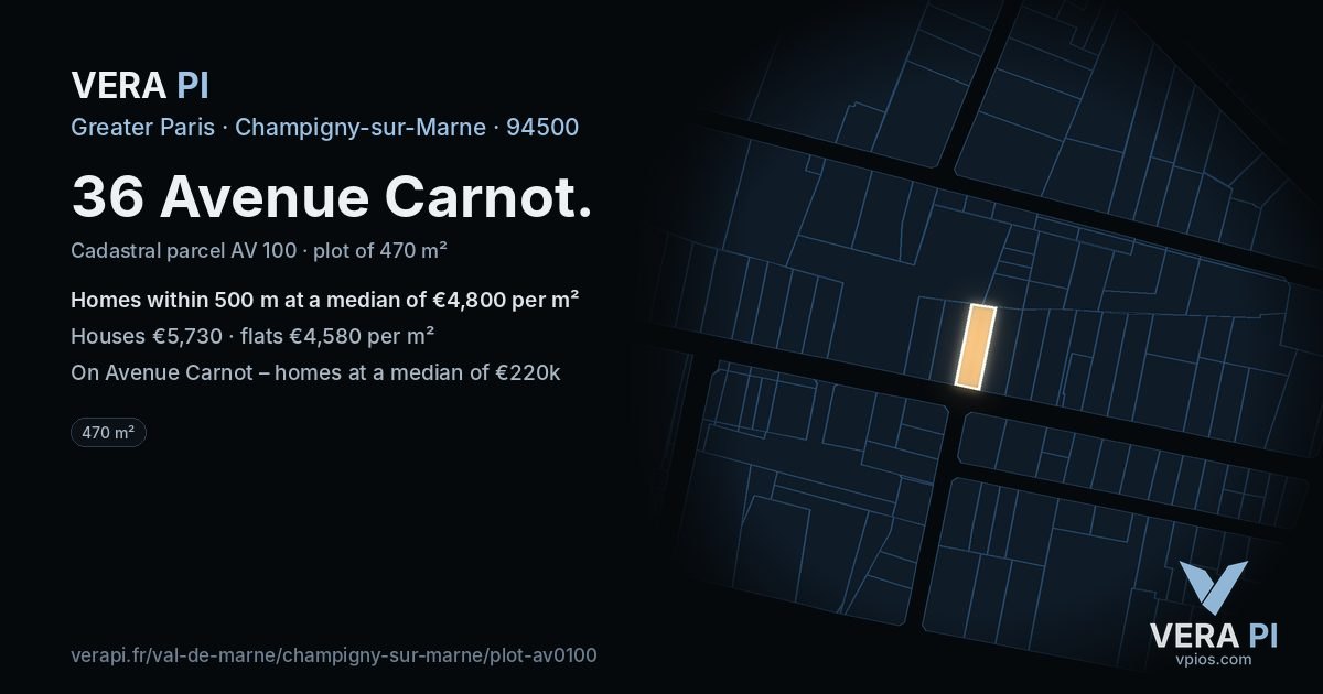 36 Avenue Carnot, Champigny-sur-Marne at night – the plot lit, the parcels around coloured by the prices near them