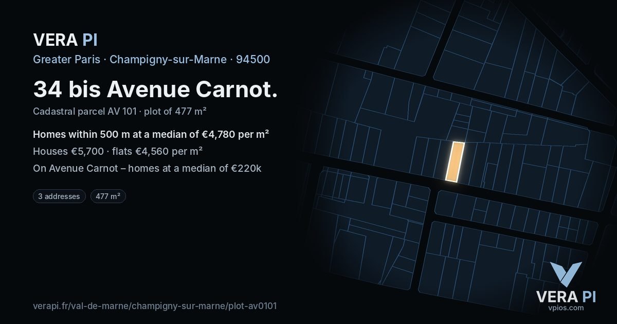 34 bis Avenue Carnot, Champigny-sur-Marne at night – the plot lit, the parcels around coloured by the prices near them