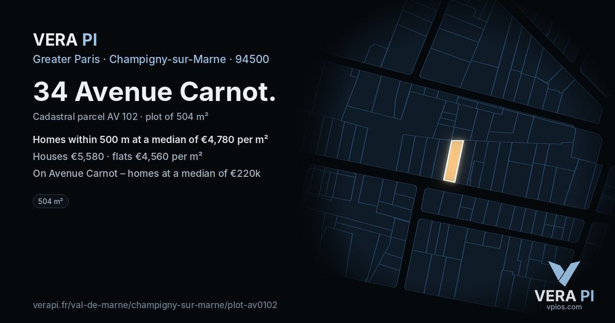 34 Avenue Carnot, Champigny-sur-Marne at night – the plot lit, the parcels around coloured by the prices near them