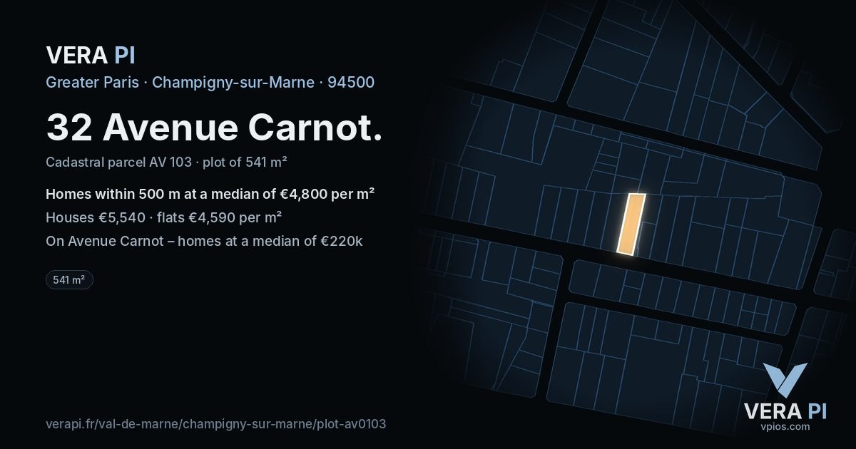 32 Avenue Carnot, Champigny-sur-Marne at night – the plot lit, the parcels around coloured by the prices near them
