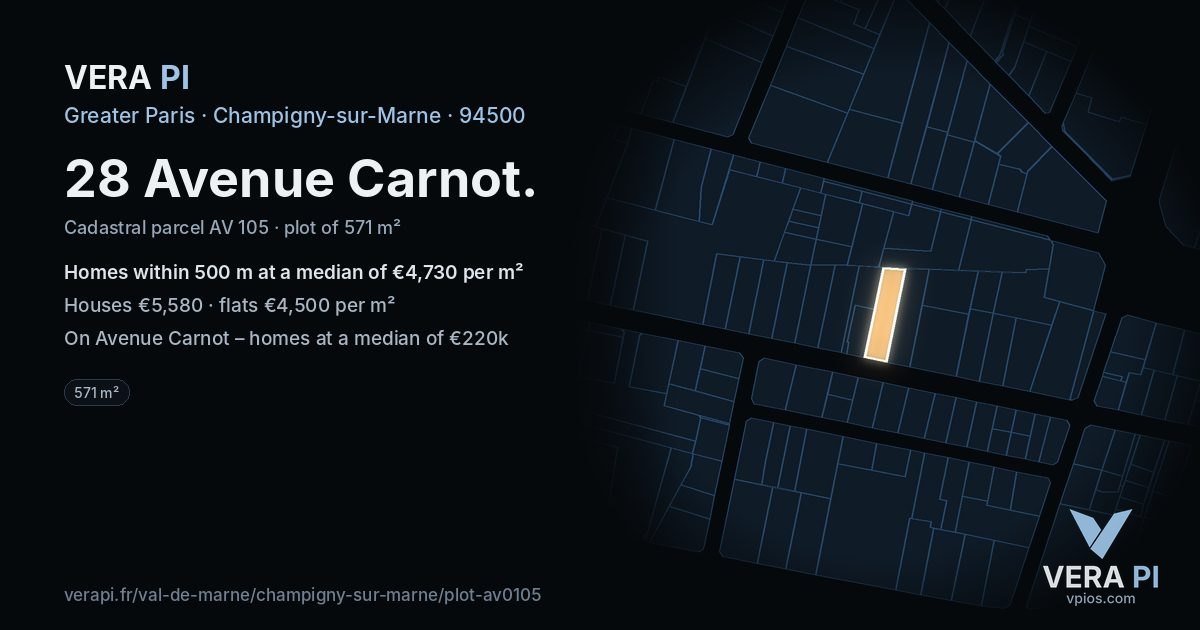 28 Avenue Carnot, Champigny-sur-Marne at night – the plot lit, the parcels around coloured by the prices near them