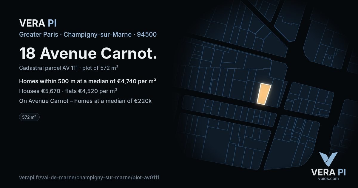 18 Avenue Carnot, Champigny-sur-Marne at night – the plot lit, the parcels around coloured by the prices near them