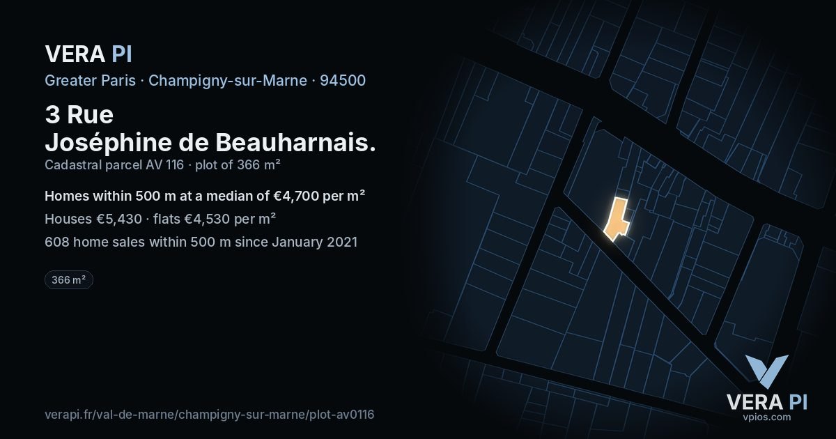 3 Rue Joséphine de Beauharnais, Champigny-sur-Marne at night – the plot lit, the parcels around coloured by the prices near them