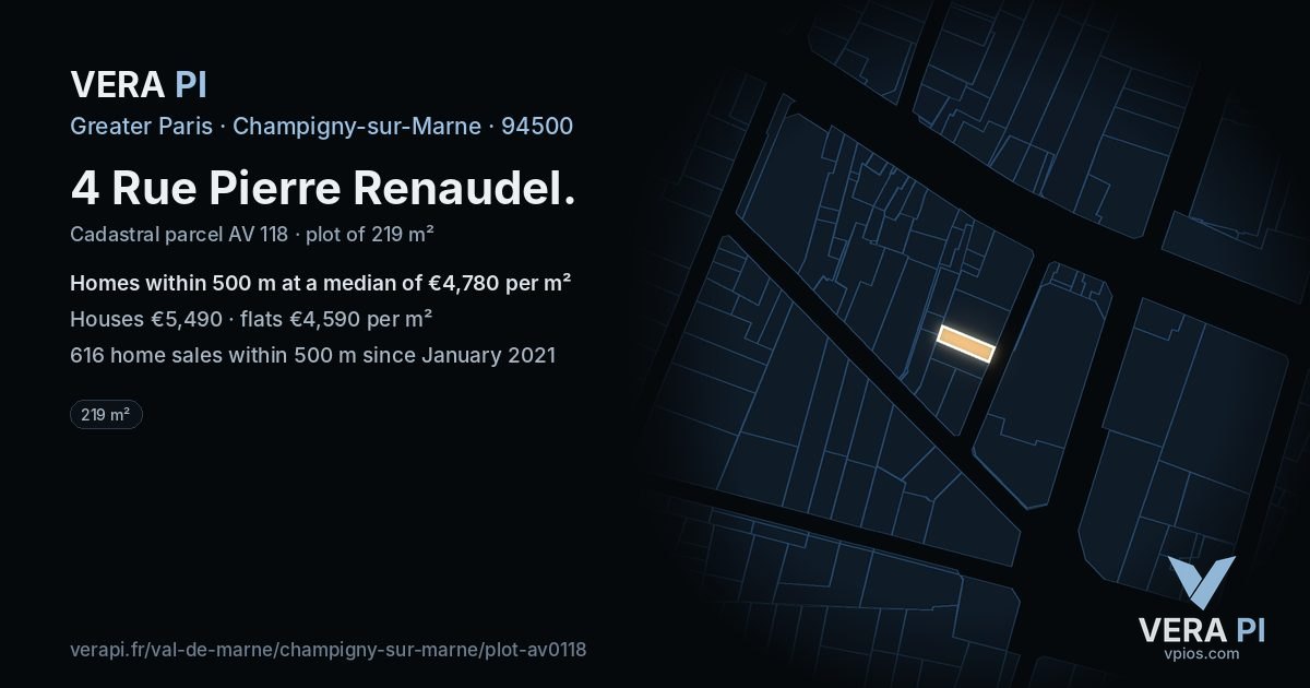 4 Rue Pierre Renaudel, Champigny-sur-Marne at night – the plot lit, the parcels around coloured by the prices near them