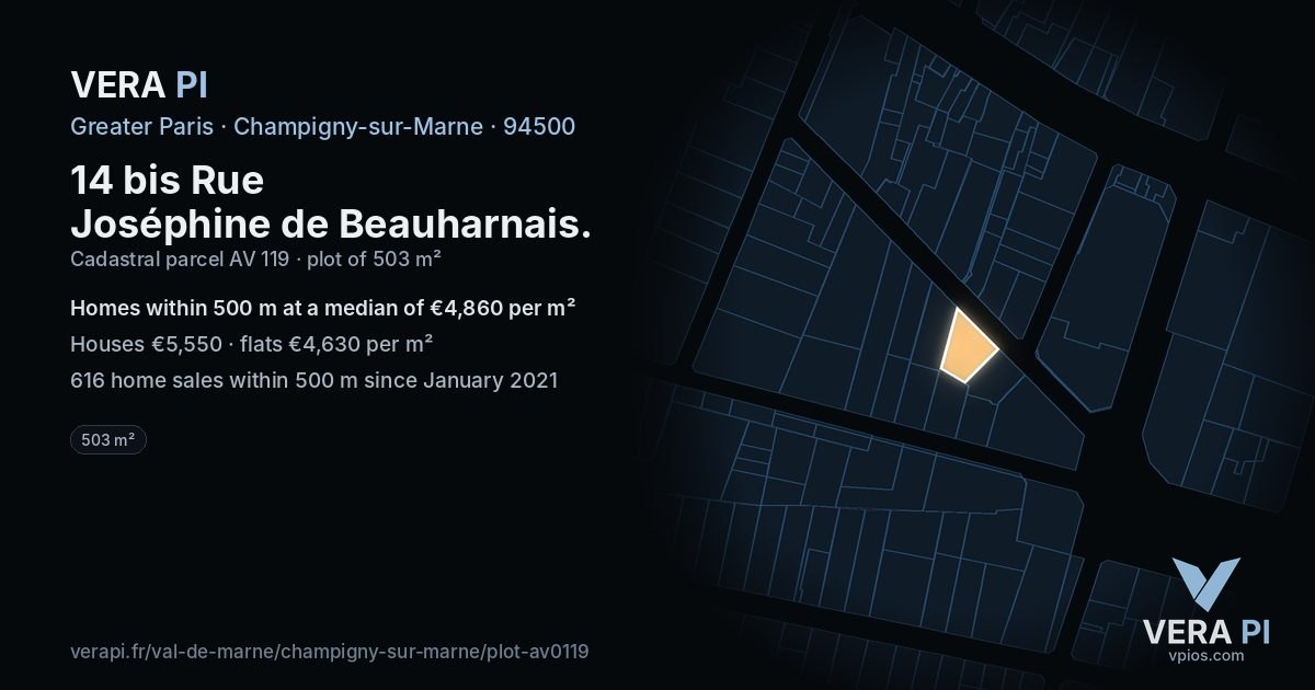 14 bis Rue Joséphine de Beauharnais, Champigny-sur-Marne at night – the plot lit, the parcels around coloured by the prices near them