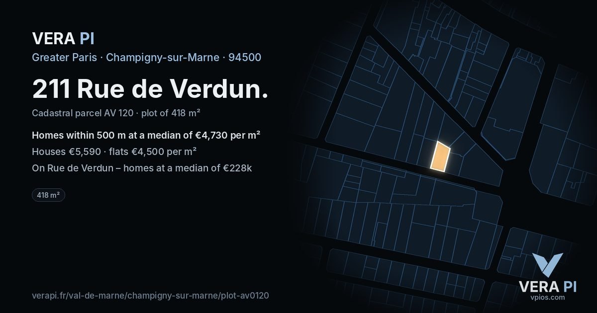 211 Rue de Verdun, Champigny-sur-Marne at night – the plot lit, the parcels around coloured by the prices near them