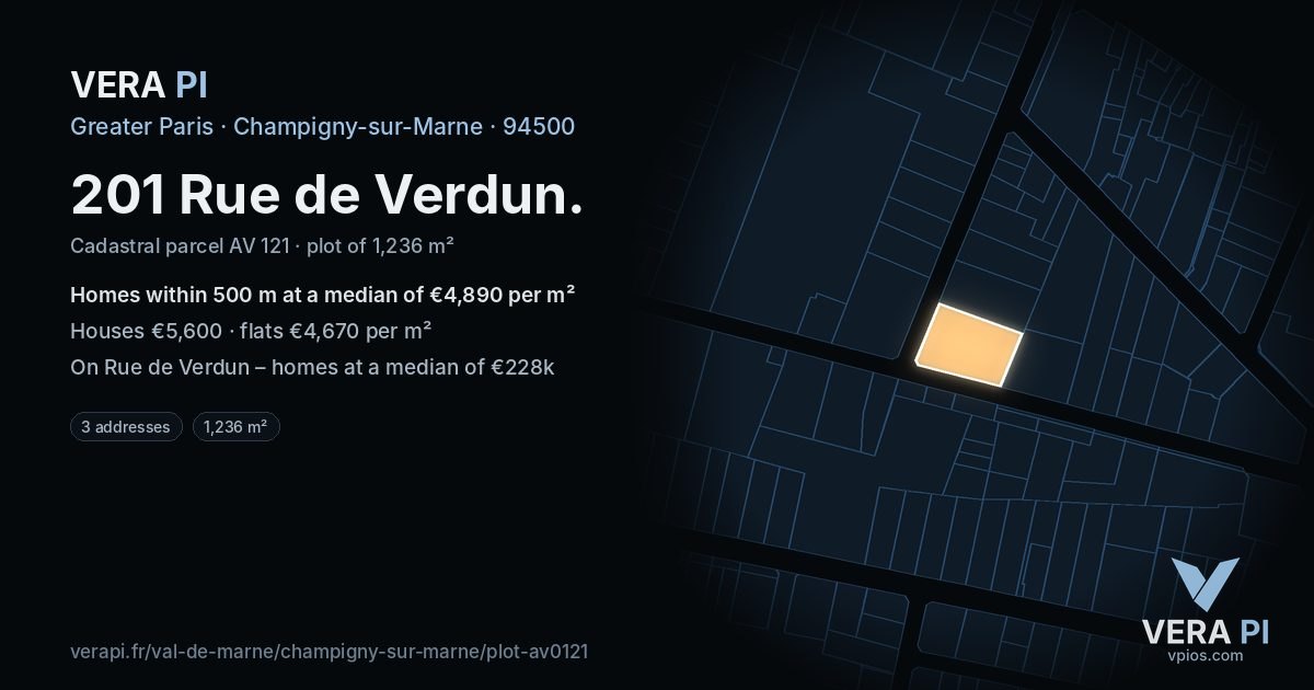 201 Rue de Verdun, Champigny-sur-Marne at night – the plot lit, the parcels around coloured by the prices near them
