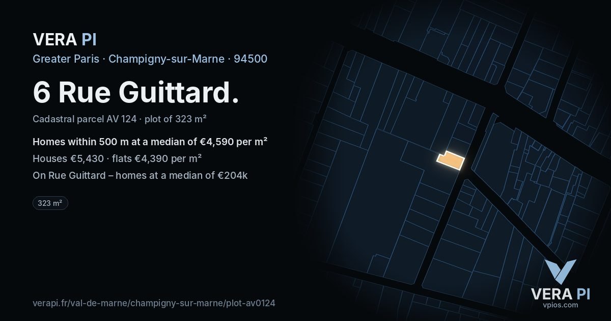 6 Rue Guittard, Champigny-sur-Marne at night – the plot lit, the parcels around coloured by the prices near them