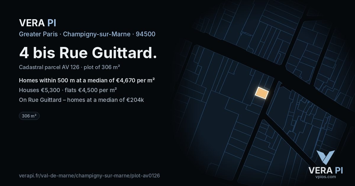 4 bis Rue Guittard, Champigny-sur-Marne at night – the plot lit, the parcels around coloured by the prices near them
