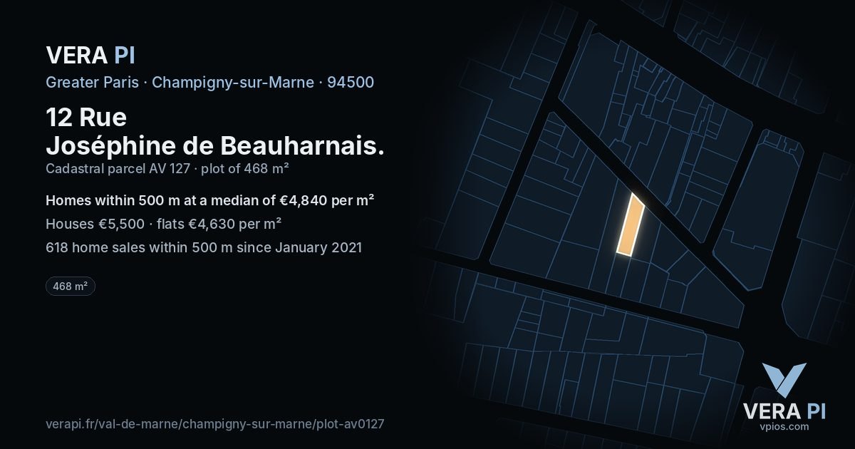 12 Rue Joséphine de Beauharnais, Champigny-sur-Marne at night – the plot lit, the parcels around coloured by the prices near them