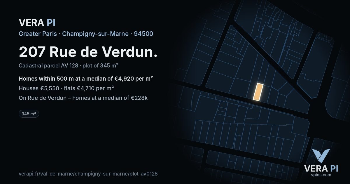 207 Rue de Verdun, Champigny-sur-Marne at night – the plot lit, the parcels around coloured by the prices near them