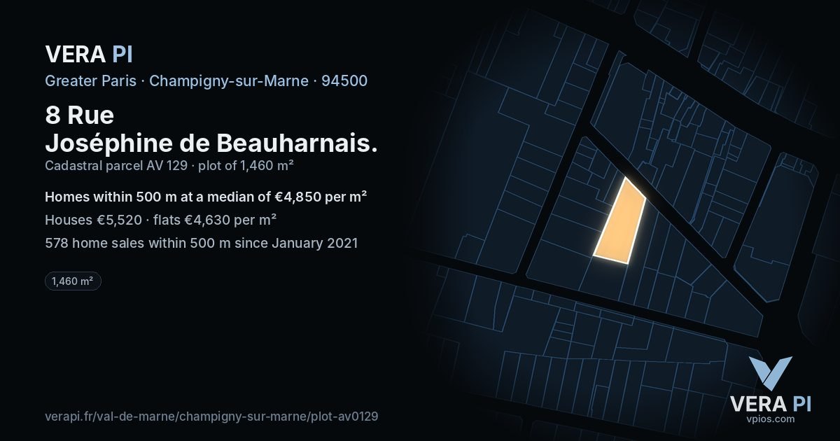 8 Rue Joséphine de Beauharnais, Champigny-sur-Marne at night – the plot lit, the parcels around coloured by the prices near them