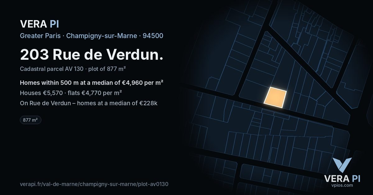 203 Rue de Verdun, Champigny-sur-Marne at night – the plot lit, the parcels around coloured by the prices near them