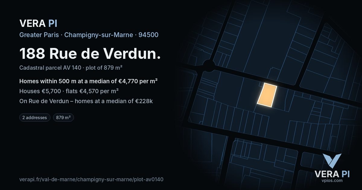 188 Rue de Verdun, Champigny-sur-Marne at night – the plot lit, the parcels around coloured by the prices near them