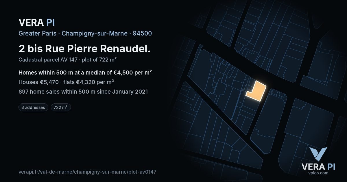 2 bis Rue Pierre Renaudel, Champigny-sur-Marne at night – the plot lit, the parcels around coloured by the prices near them